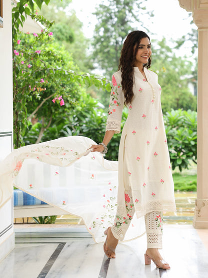 Solid Resham Embroidered Kurta with Schiffili Pants & Hand Painted Dupatta - Off White