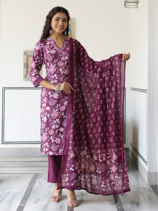 Floral Printed Mirror Embroidered Angrakha Style Kurta with Pants & Dupatta - Mauve