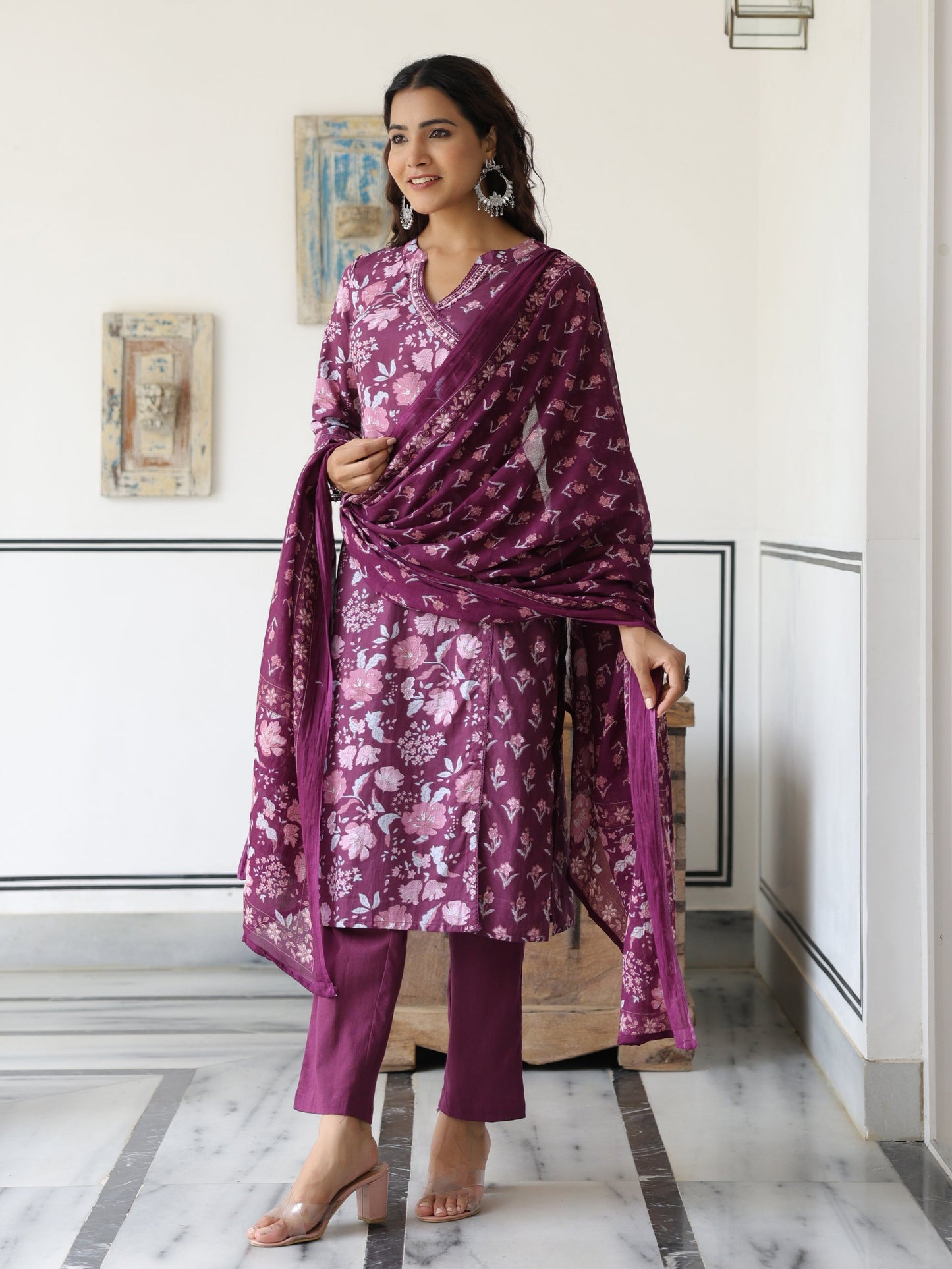 Floral Printed Mirror Embroidered Angrakha Style Kurta with Pants & Dupatta - Mauve