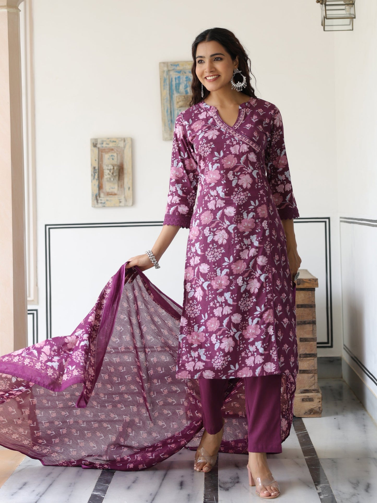 Floral Printed Mirror Embroidered Angrakha Style Kurta with Pants & Dupatta - Mauve