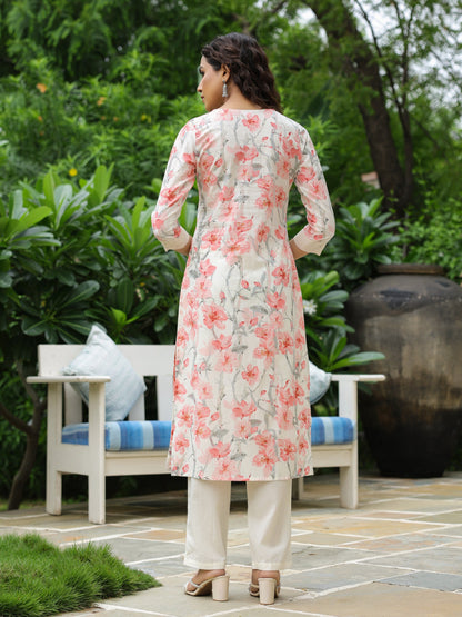 Floral Printed Beads & Crochet Lace Embellished Kurta with Pants - Off White YAHA SE BAKI H 123456789+9