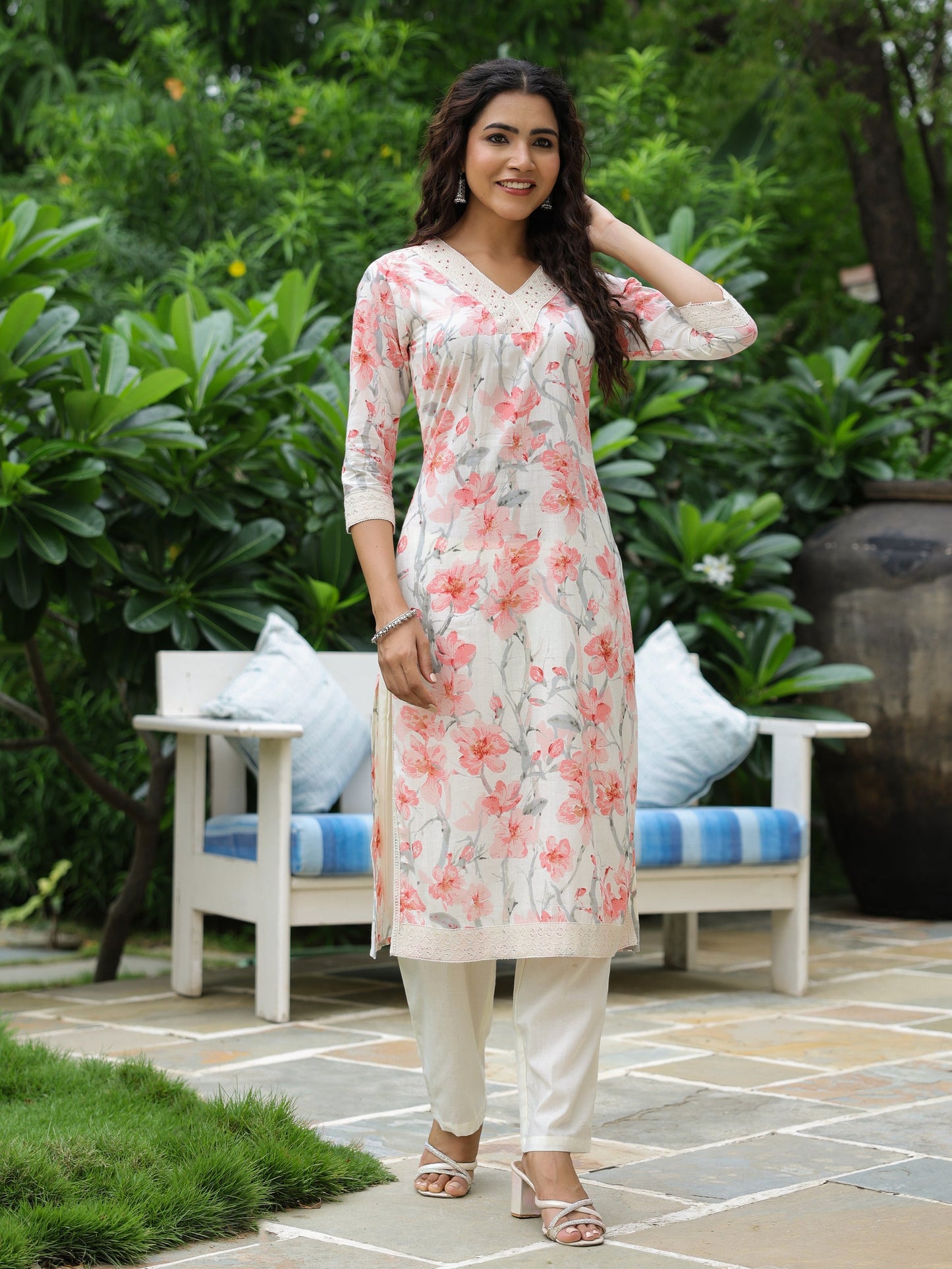 Floral Printed Beads & Crochet Lace Embellished Kurta with Pants - Off White YAHA SE BAKI H 123456789+9