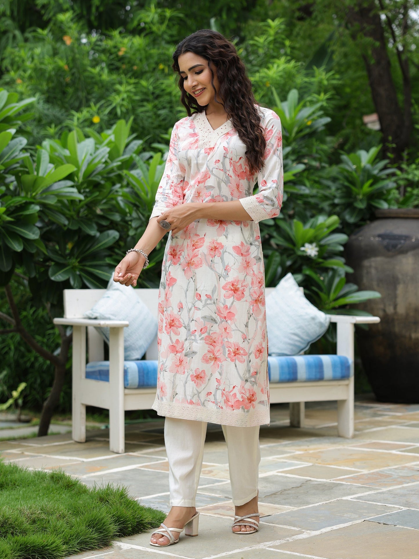 Floral Printed Beads & Crochet Lace Embellished Kurta with Pants - Off White YAHA SE BAKI H 123456789+9