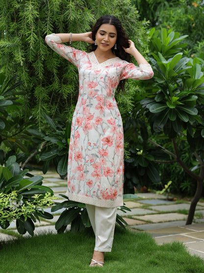 Floral Printed Beads & Crochet Lace Embellished Kurta with Pants - Off White YAHA SE BAKI H 123456789+9