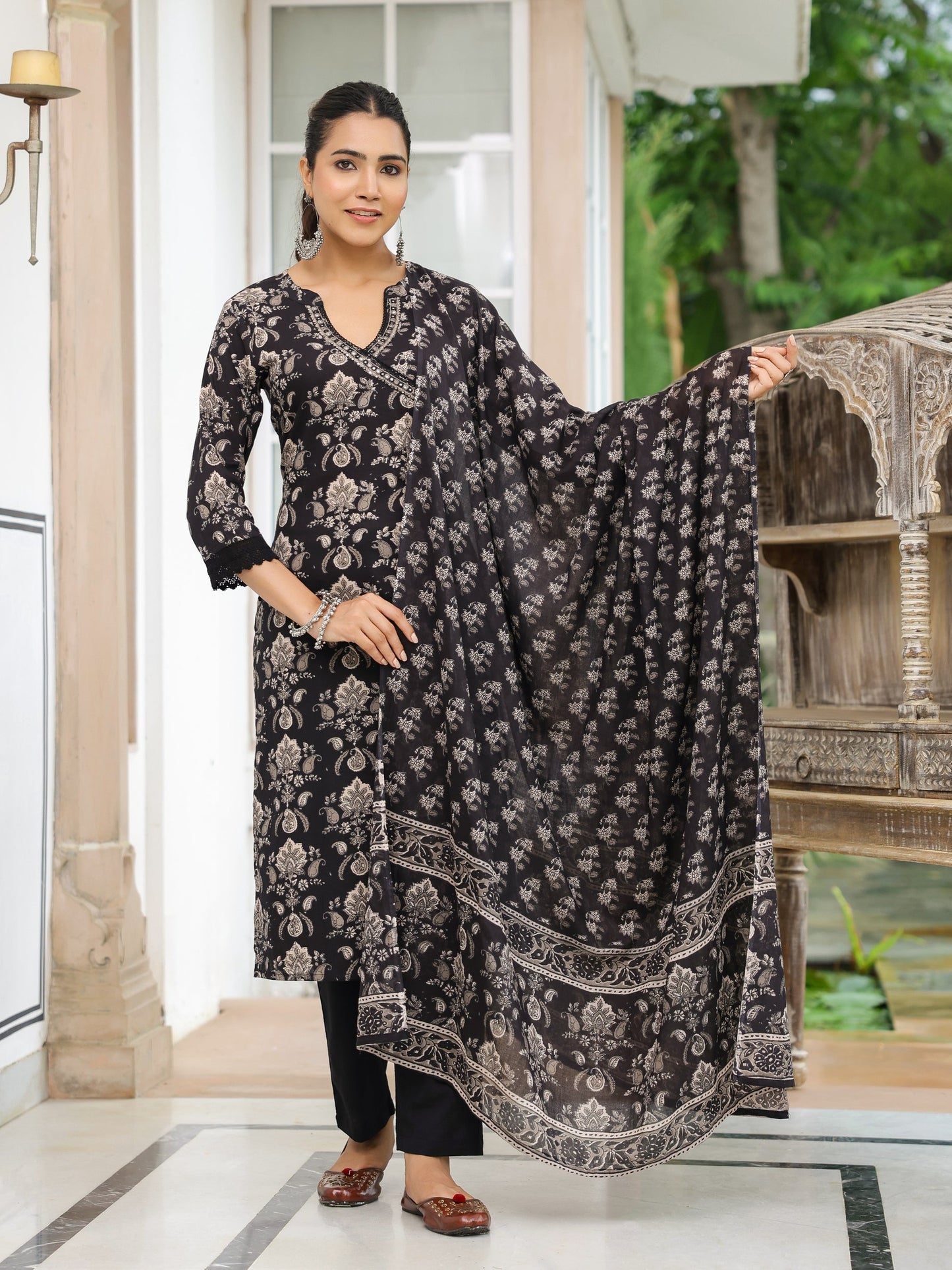 Floral Printed Mirror Embroidered Angrakha Style Kurta with Pants & Dupatta - Black