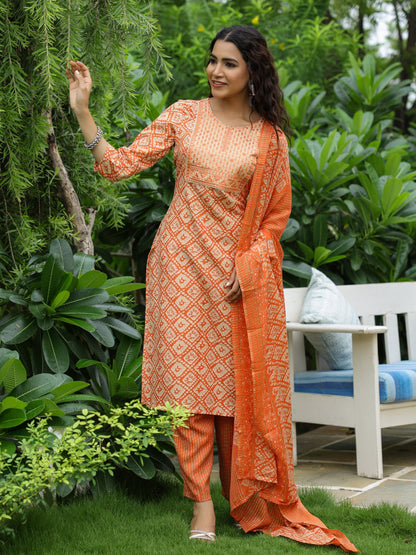 Abstract Printed Resham & Sequins Embroidered Kurta with Pants & Dupatta - Orange