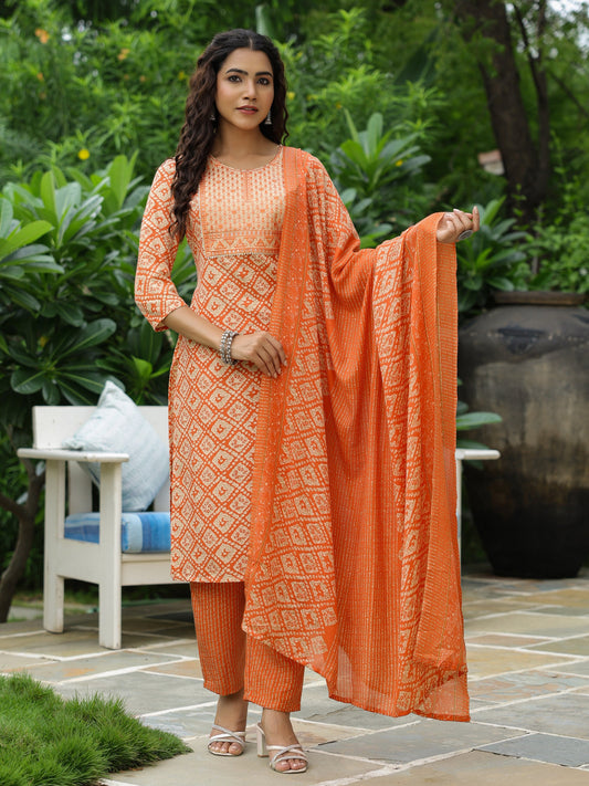 Abstract Printed Resham & Sequins Embroidered Kurta with Pants & Dupatta - Orange