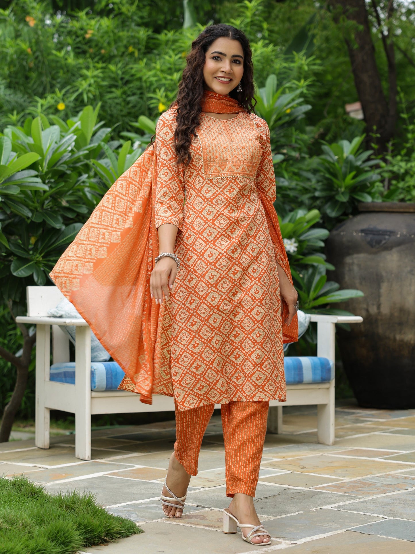 Abstract Printed Resham & Sequins Embroidered Kurta with Pants & Dupatta - Orange