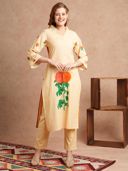 Solid Floral Printed Straight Fit Kurta with Pant - Pastel Yellow