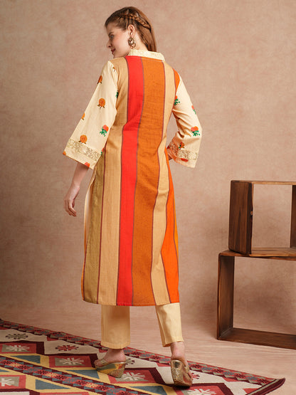 Solid Floral Printed Straight Fit Kurta with Pant - Pastel Yellow