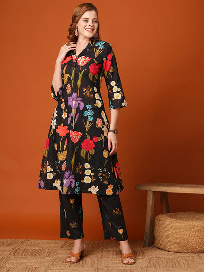 Floral Printed A-Line Fit Co-ord Set - Black