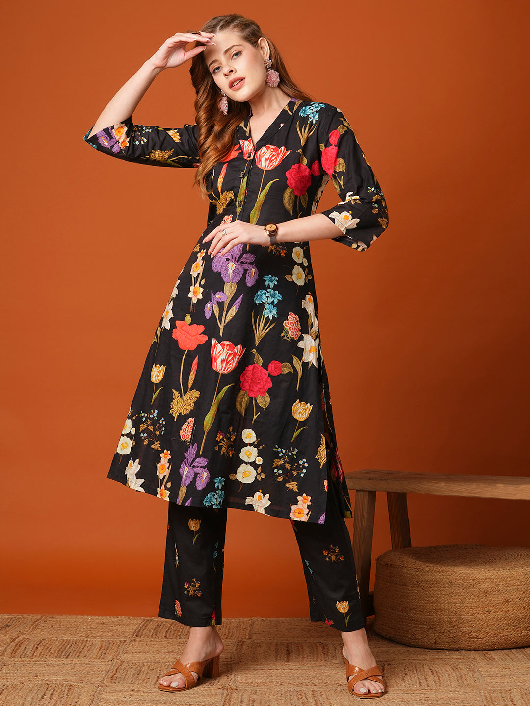 Floral Printed A-Line Fit Co-ord Set - Black