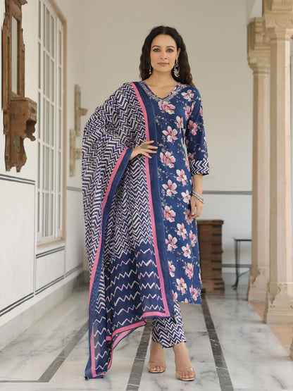 Floral Printed Zari Embroidered Kurta with Pants & Dupatta - Blue