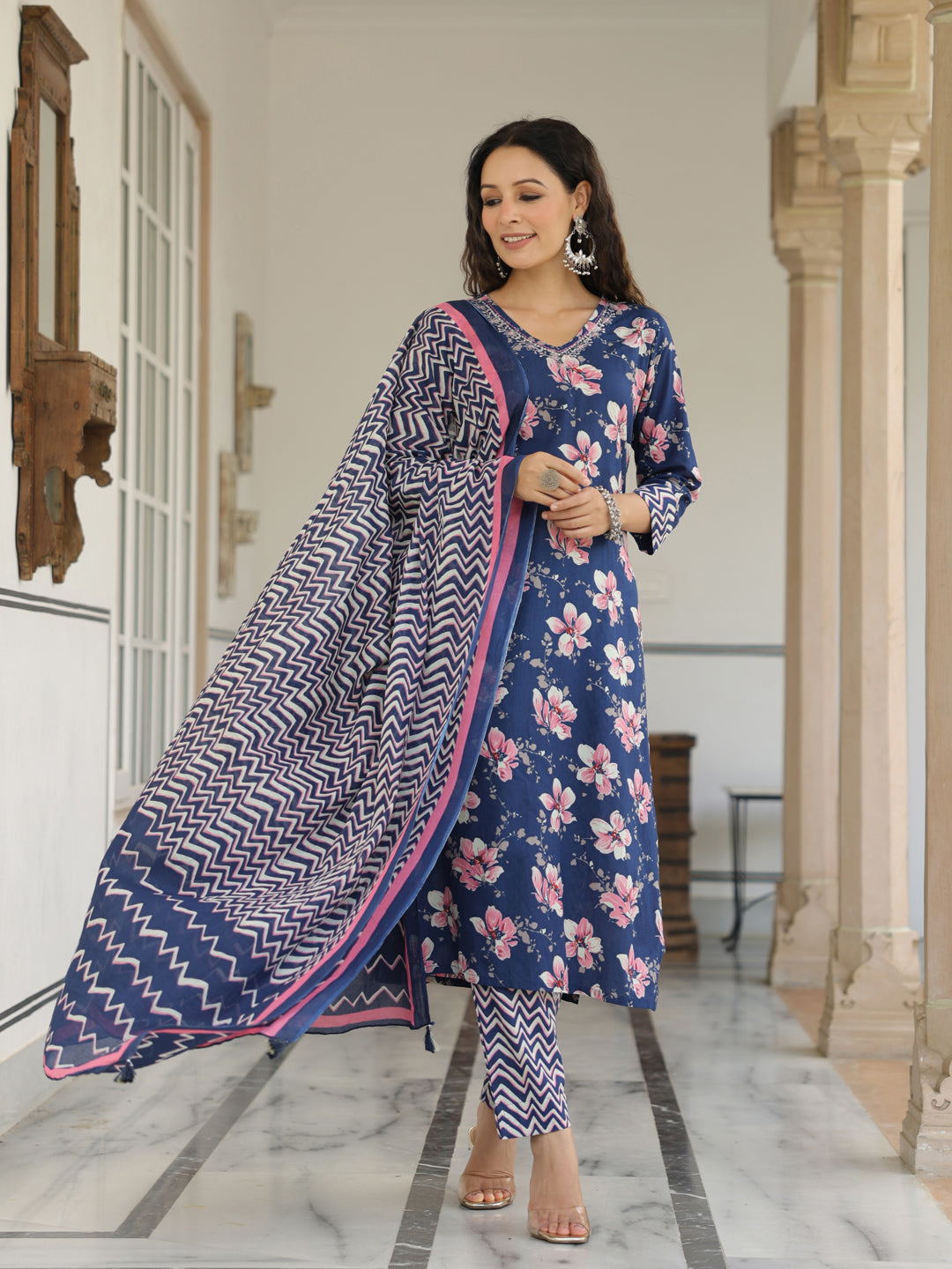 Floral Printed Zari Embroidered Kurta with Pants & Dupatta - Blue