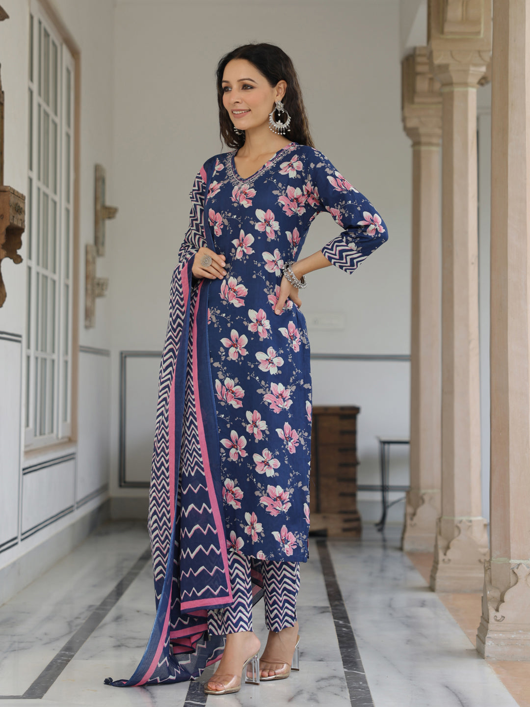 Floral Printed Zari Embroidered Kurta with Pants & Dupatta - Blue