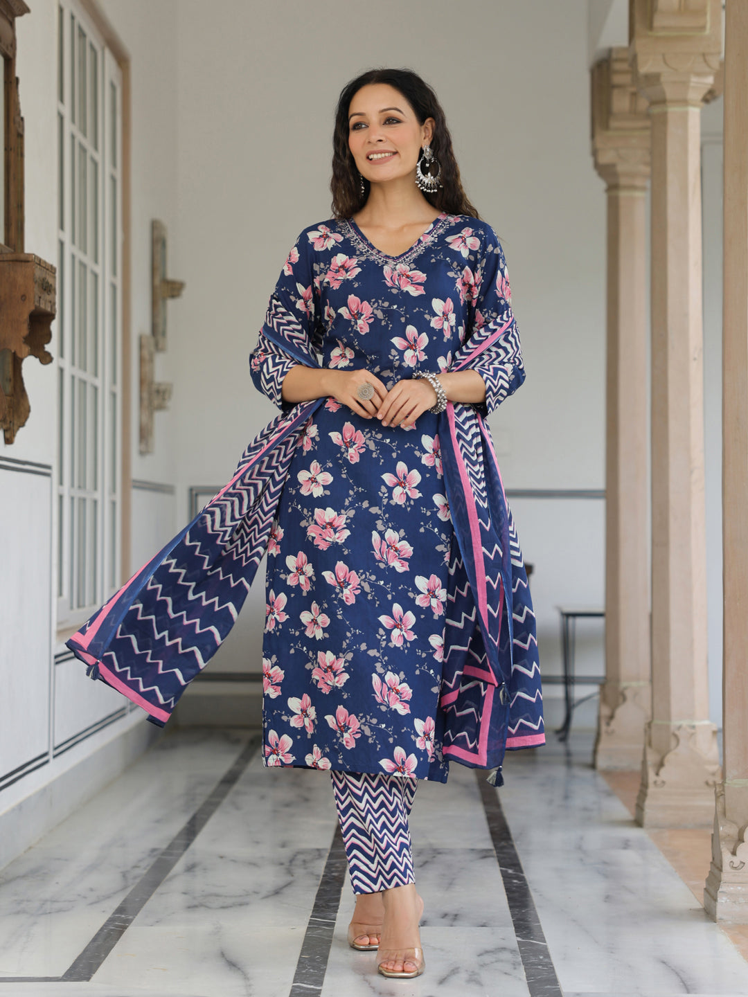 Floral Printed Zari Embroidered Kurta with Pants & Dupatta - Blue