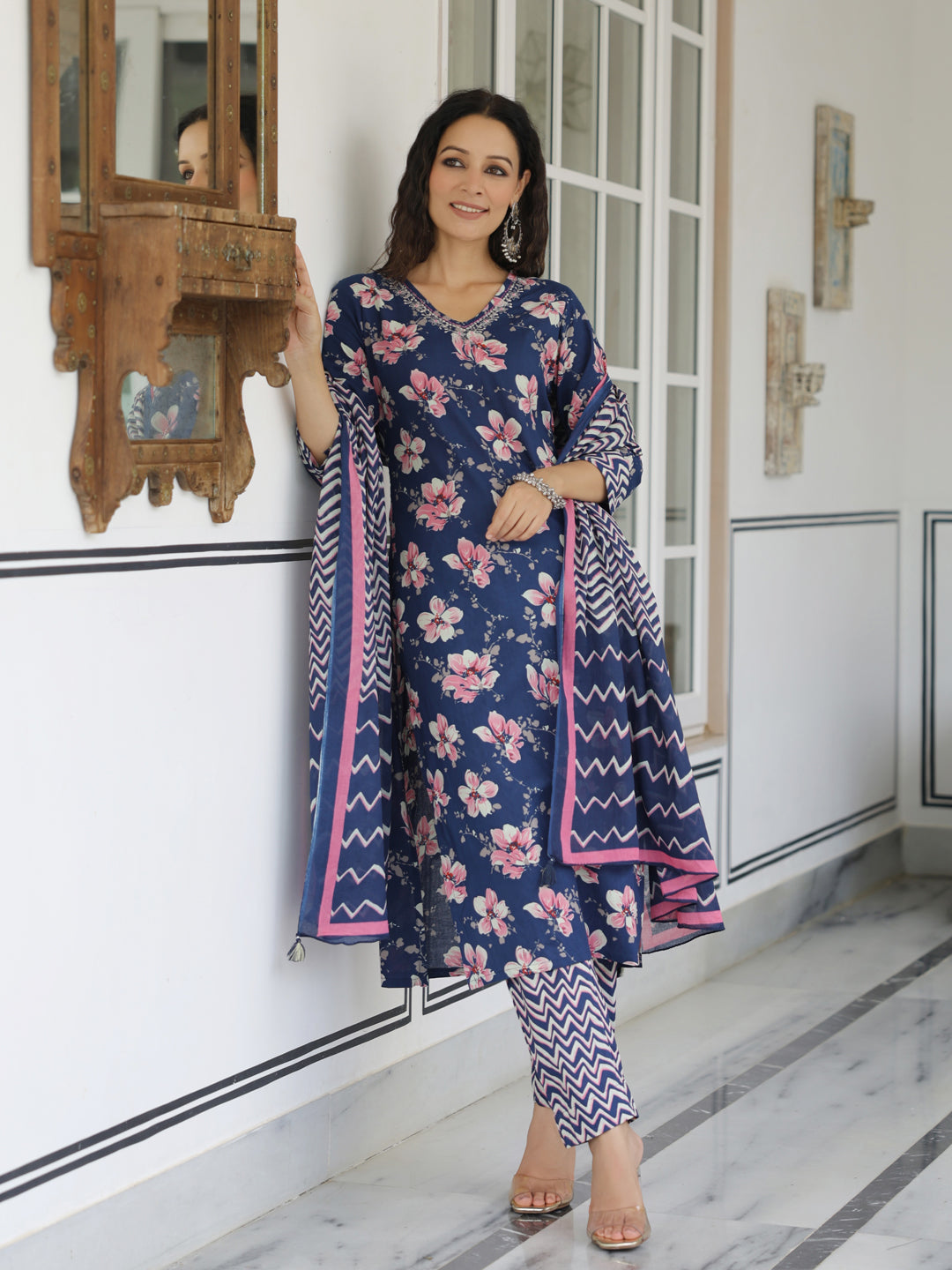 Floral Printed Zari Embroidered Kurta with Pants & Dupatta - Blue