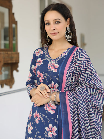 Floral Printed Zari Embroidered Kurta with Pants & Dupatta - Blue