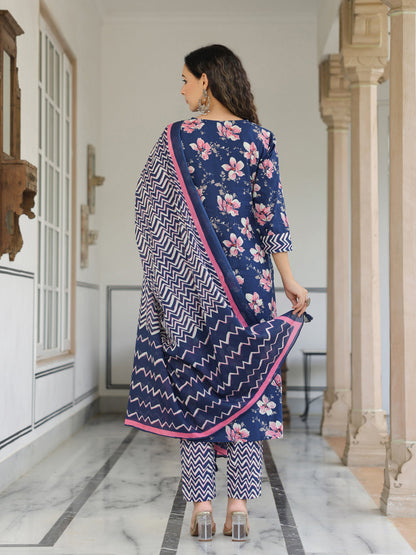 Floral Printed Zari Embroidered Kurta with Pants & Dupatta - Blue