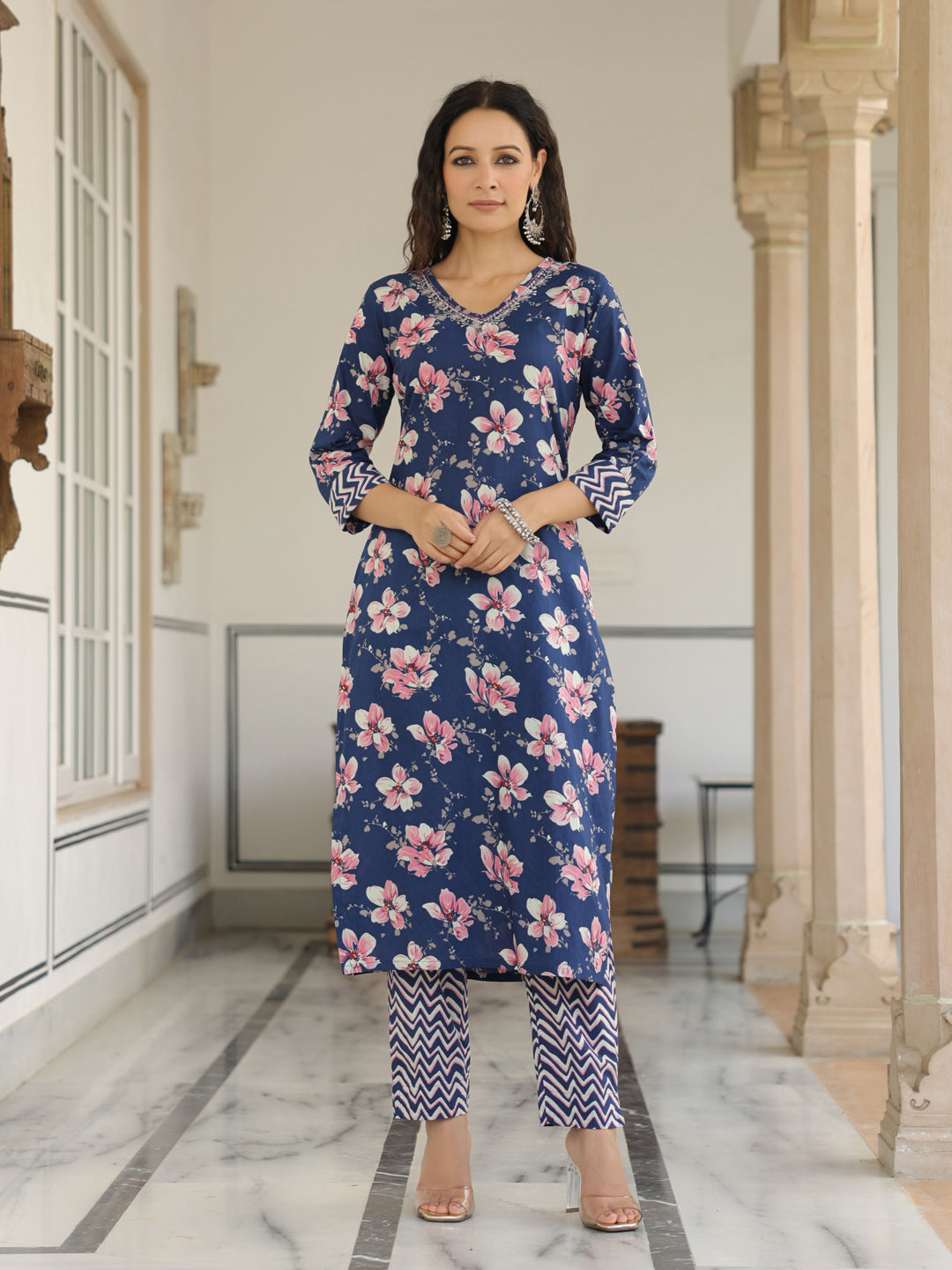 Floral Printed Zari Embroidered Kurta with Pants & Dupatta - Blue