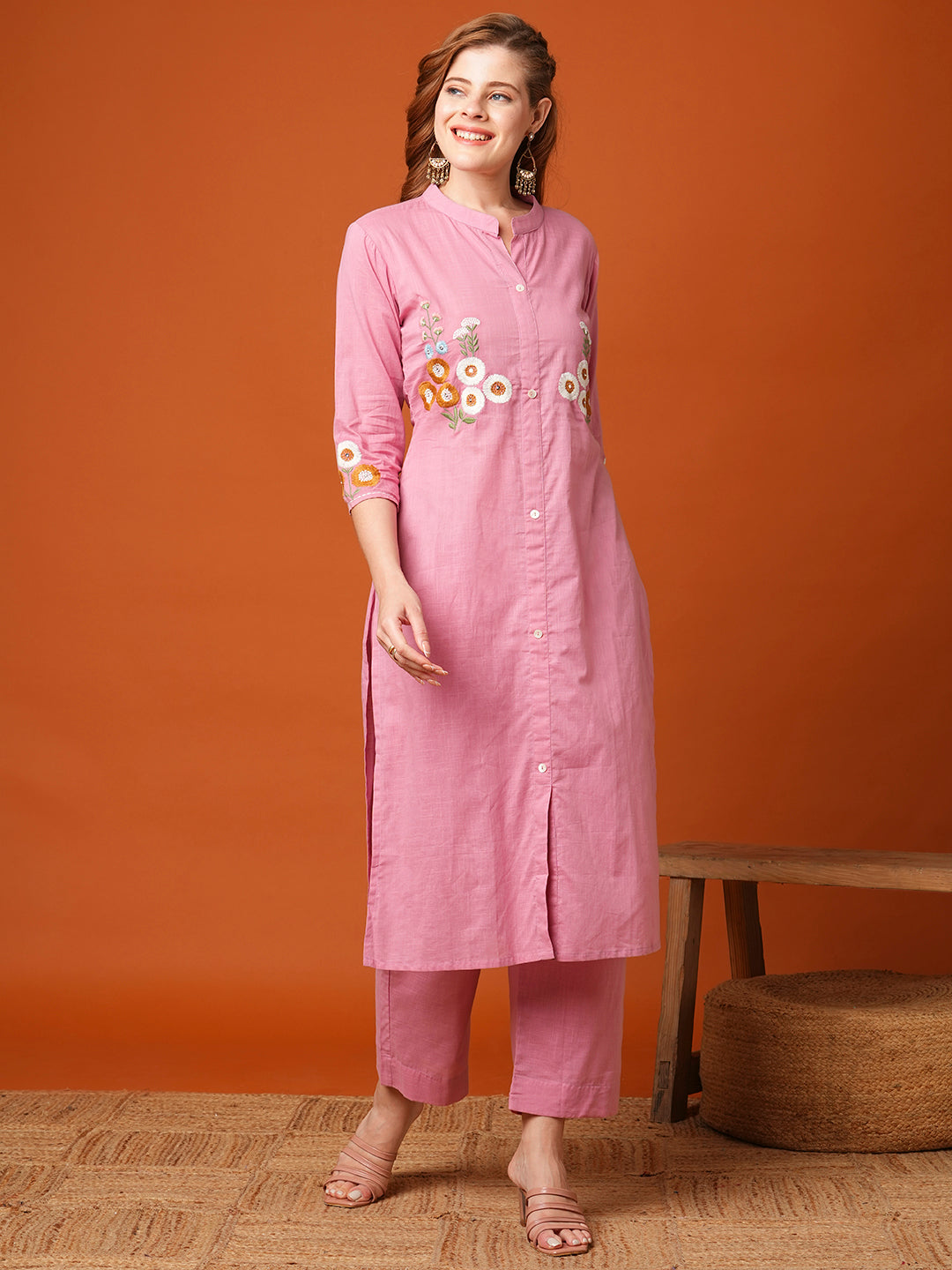 Solid Floral Hand Embroidered Straight Fit Co-ord Set - Pink