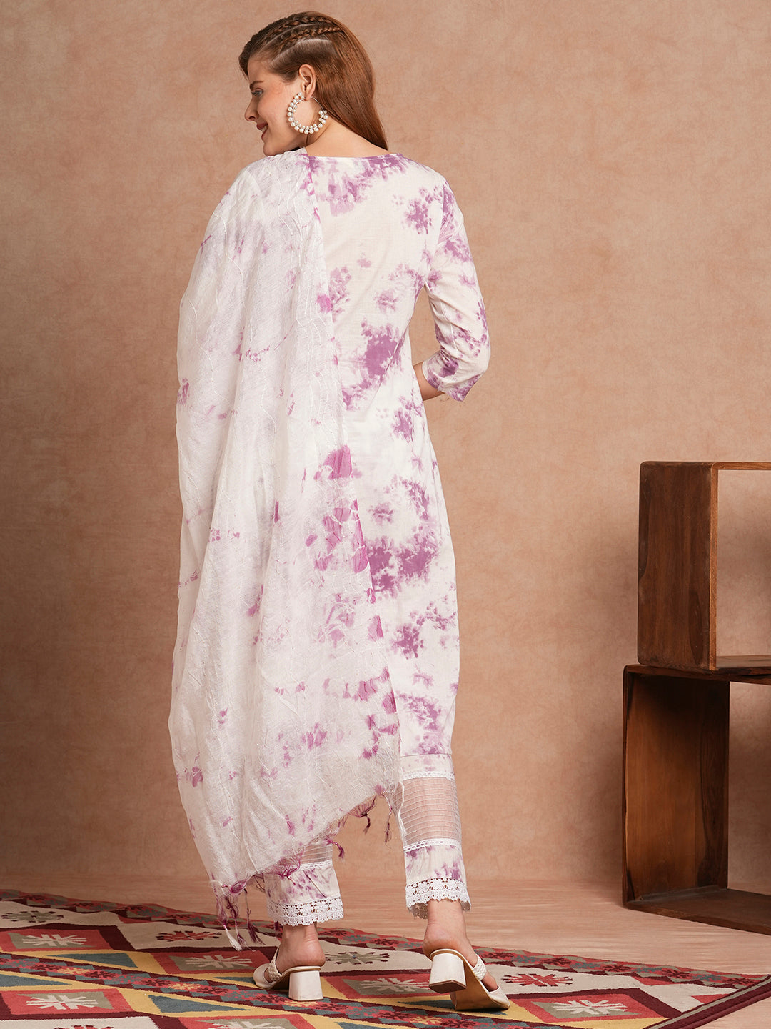 Tie - Dye Printed & Embroidered Straight Kurta with Pant & Dupatta - White