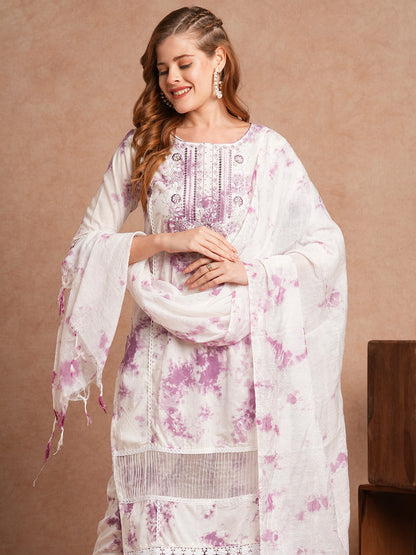 Tie - Dye Printed & Embroidered Straight Kurta with Pant & Dupatta - White