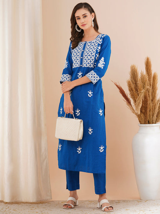 Floral Chikankari Embroidered Straight Fit Co-ord Set - Blue