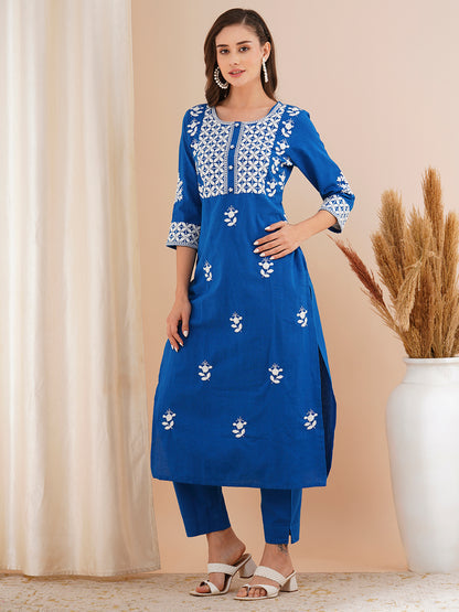 Floral Chikankari Embroidered Straight Fit Co-ord Set - Blue