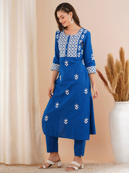 Floral Chikankari Embroidered Straight Fit Co-ord Set - Blue