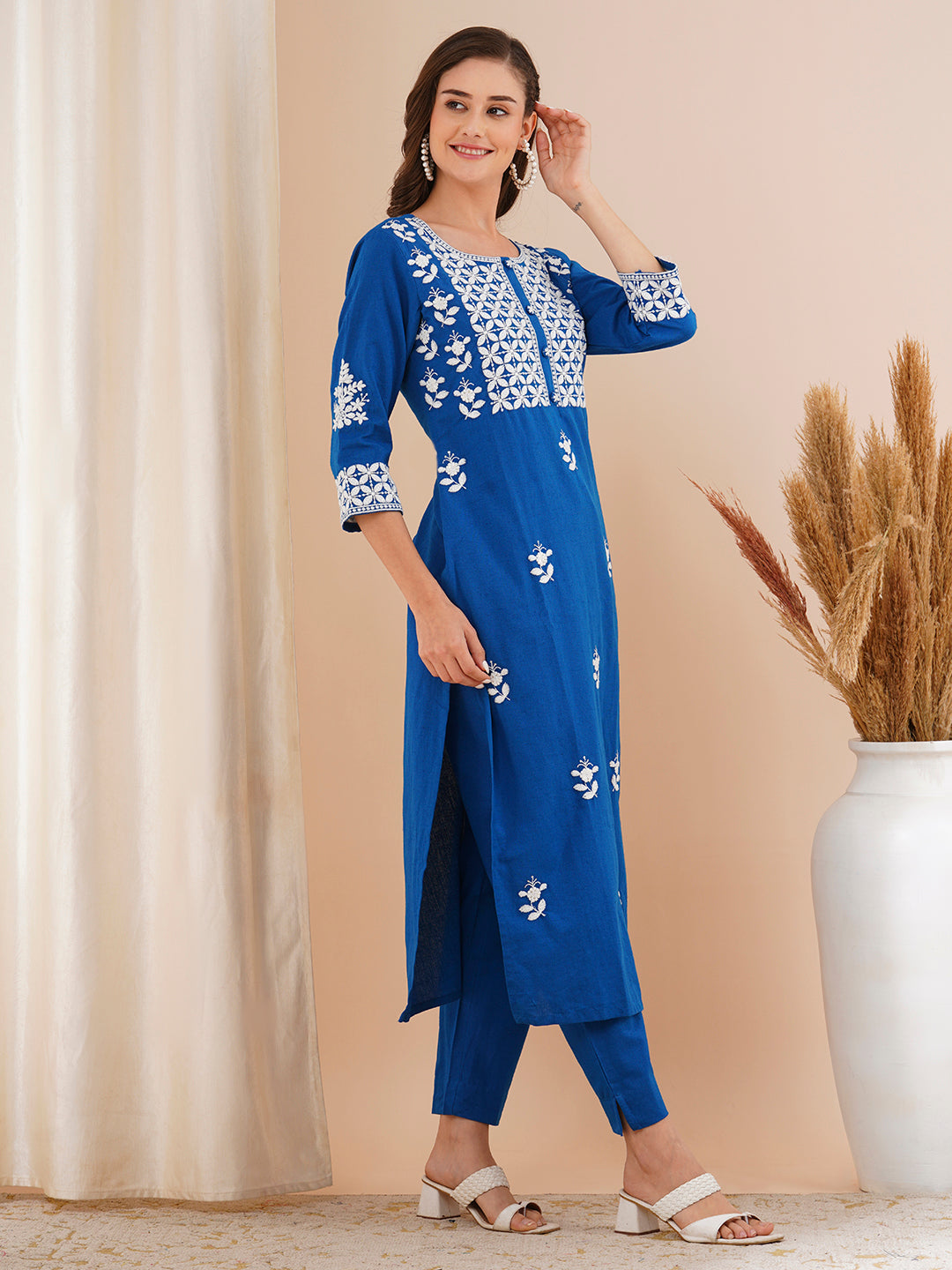 Floral Chikankari Embroidered Straight Fit Co-ord Set - Blue