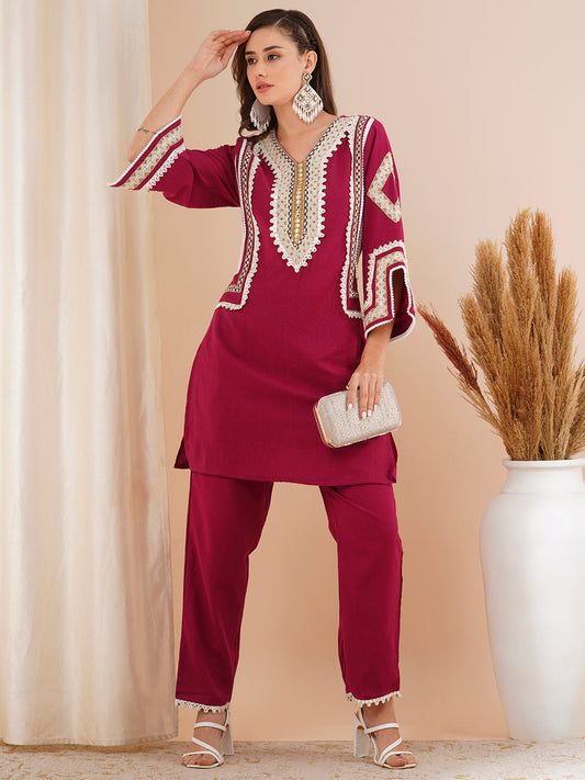 Solid Ethnic Embroidered Straight Fit Co-ord Set - Burgundy