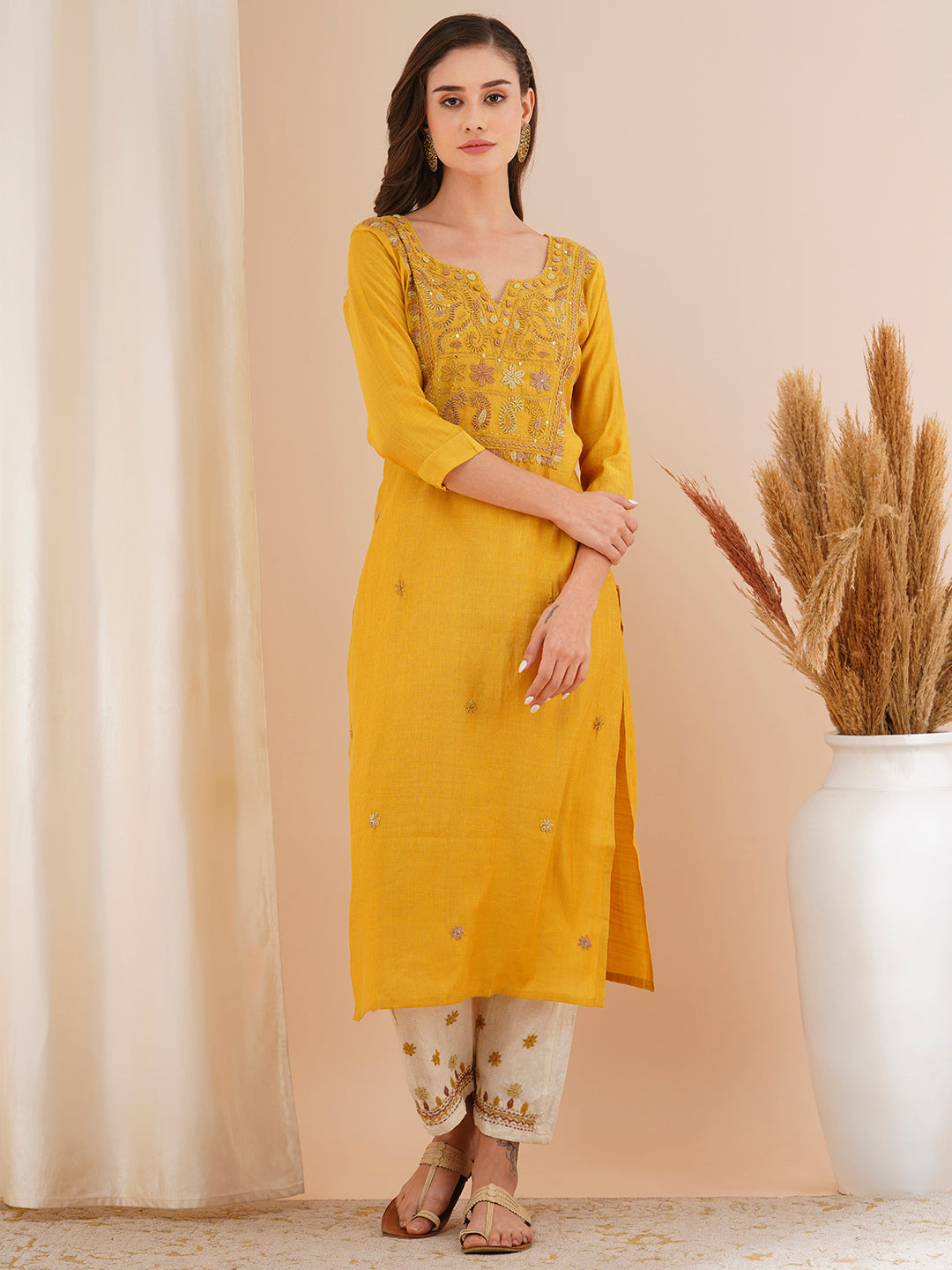 Solid Floral Hand Embroidered Straight Fit Kurta with Pant - Mustard