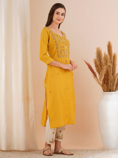 Solid Floral Hand Embroidered Straight Fit Kurta with Pant - Mustard