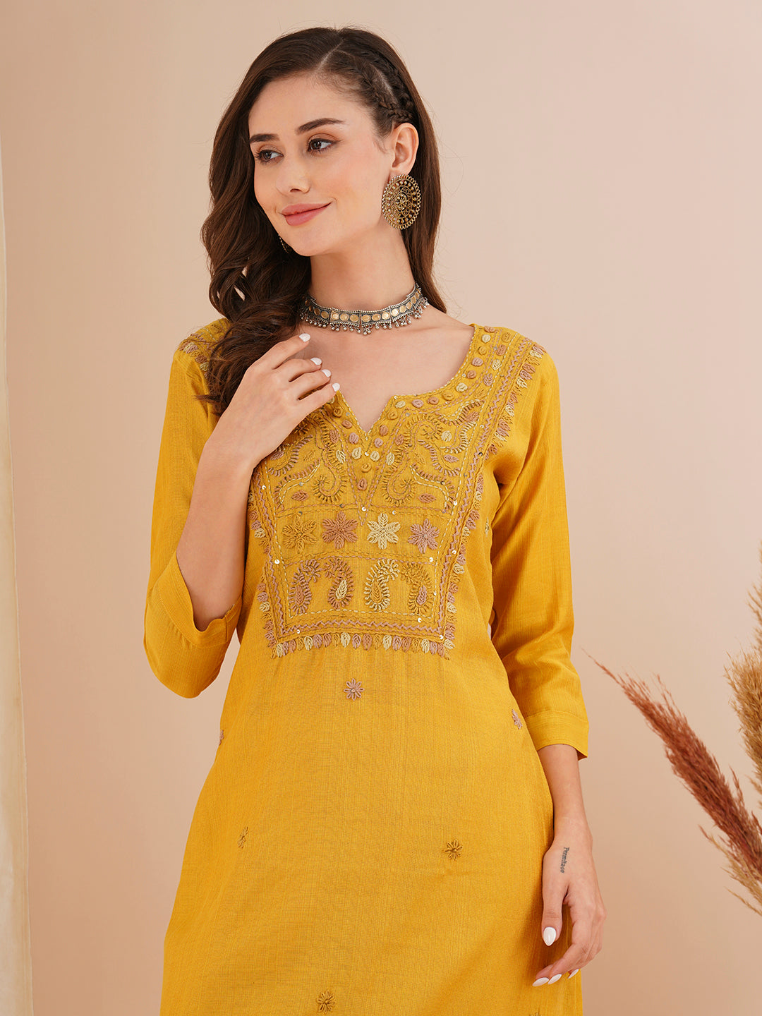 Solid Floral Hand Embroidered Straight Fit Kurta with Pant - Mustard