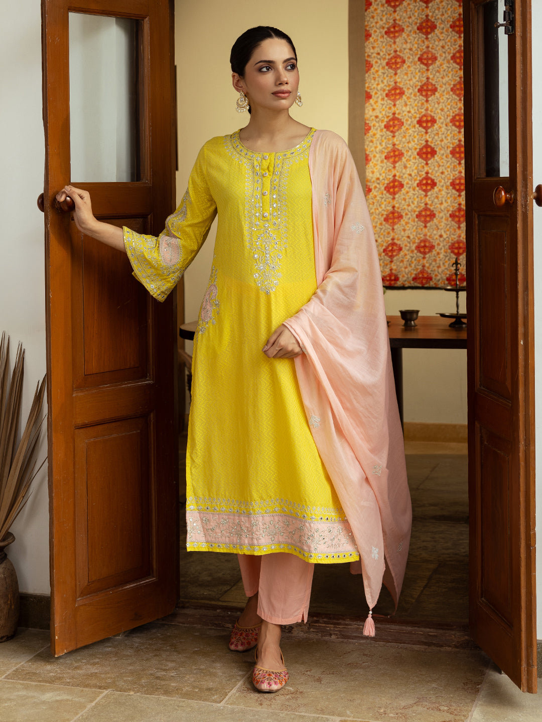 Solid Dobby Design Mirror & Zari Emmbroidered Kurta with Pants & Dupatta - Yellow