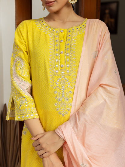 Solid Dobby Design Mirror & Zari Emmbroidered Kurta with Pants & Dupatta - Yellow