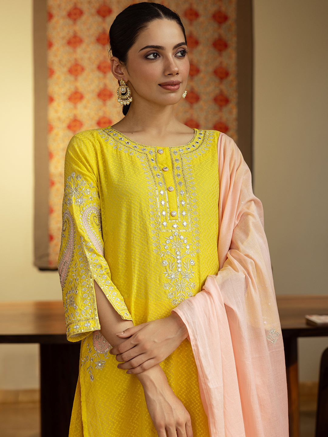 Solid Dobby Design Mirror & Zari Emmbroidered Kurta with Pants & Dupatta - Yellow