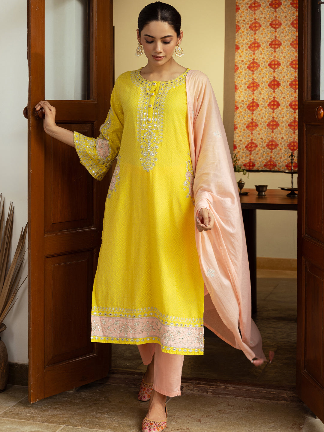 Solid Dobby Design Mirror & Zari Emmbroidered Kurta with Pants & Dupatta - Yellow