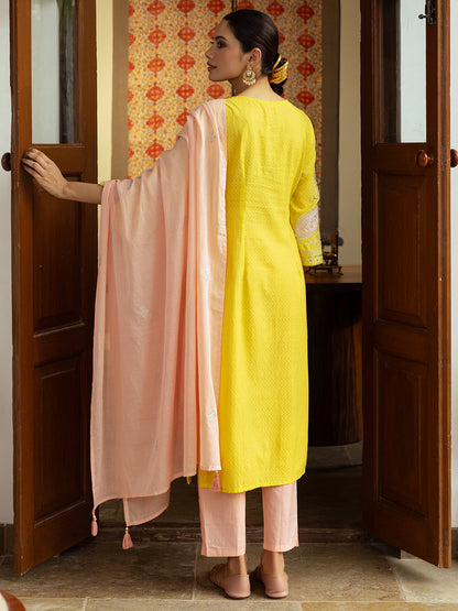 Solid Dobby Design Mirror & Zari Emmbroidered Kurta with Pants & Dupatta - Yellow