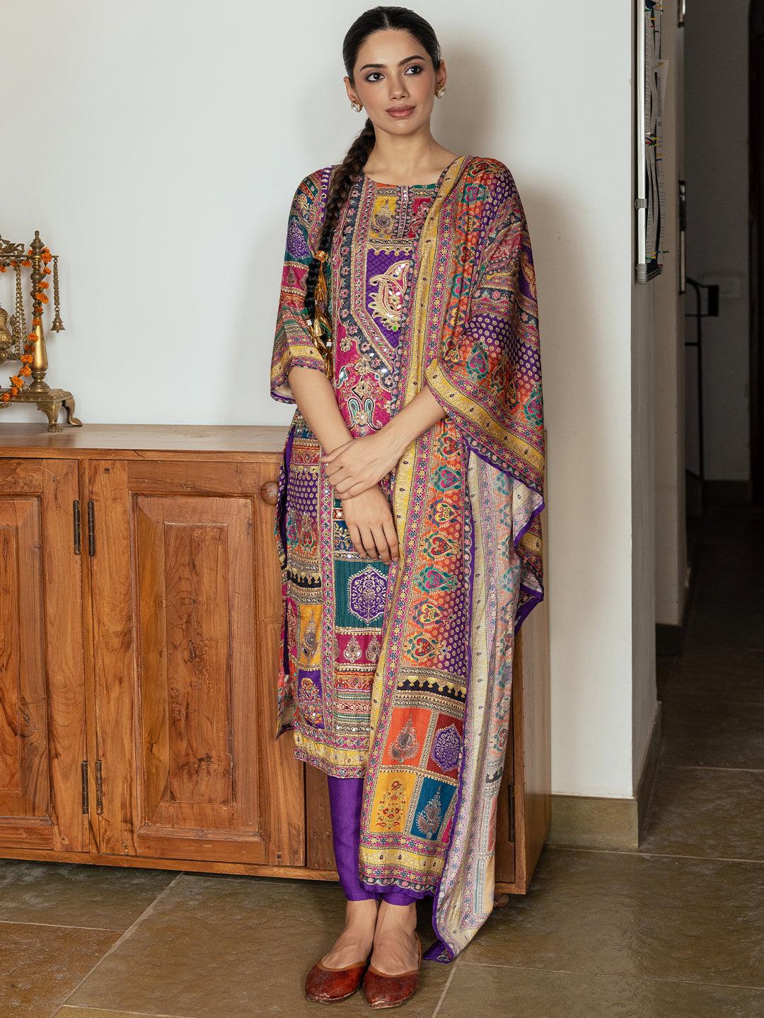 thnic Floral Printed & Mirror Embroidered Straight Fit Kurta with Pant and Dupatta - Purple