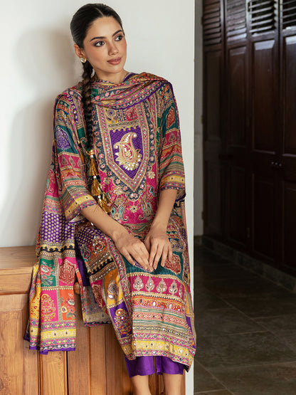 thnic Floral Printed & Mirror Embroidered Straight Fit Kurta with Pant and Dupatta - Purple