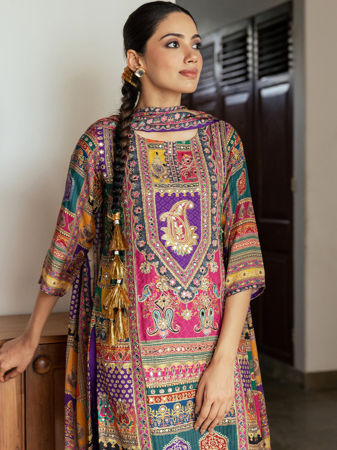 thnic Floral Printed & Mirror Embroidered Straight Fit Kurta with Pant and Dupatta - Purple