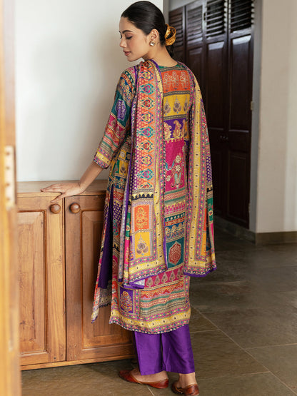 thnic Floral Printed & Mirror Embroidered Straight Fit Kurta with Pant and Dupatta - Purple