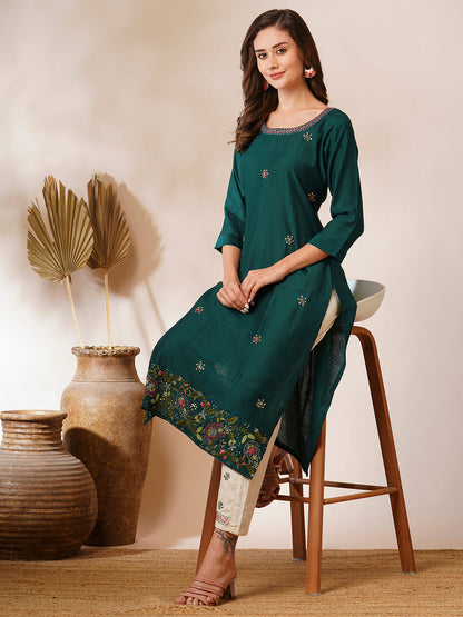 Solid Floral Hand Embroidered Straight Fit Kurta with Pant - Green