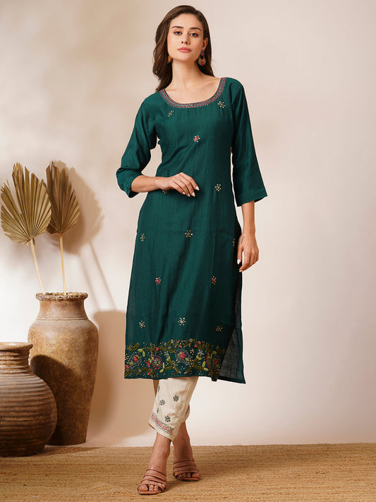 Solid Floral Hand Embroidered Straight Fit Kurta with Pant - Green