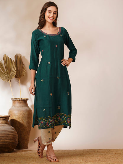 Solid Floral Hand Embroidered Straight Fit Kurta with Pant - Green