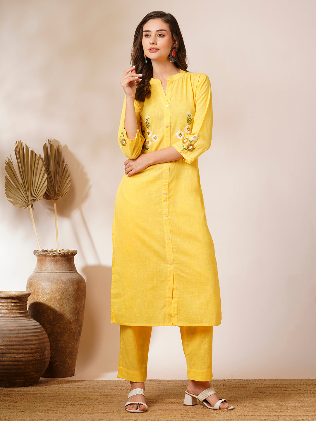 Solid Floral Hand Embroidered Straight Fit Co-ord Set - Yellow