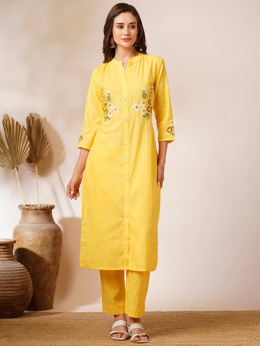 Solid Floral Hand Embroidered Straight Fit Co-ord Set - Yellow