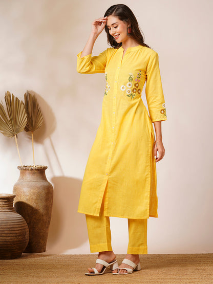 Solid Floral Hand Embroidered Straight Fit Co-ord Set - Yellow